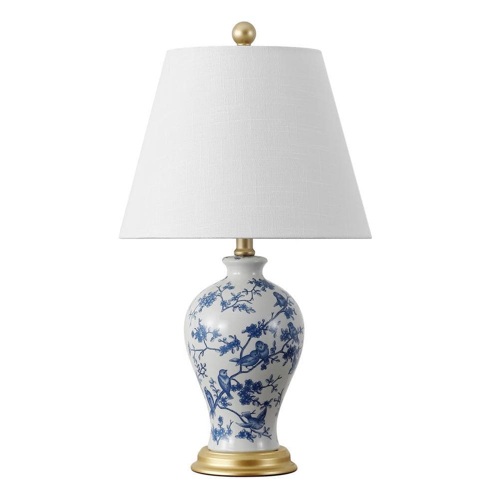 Grace 24" Blue and White Floral Ceramic Table Lamp with Brass Accents