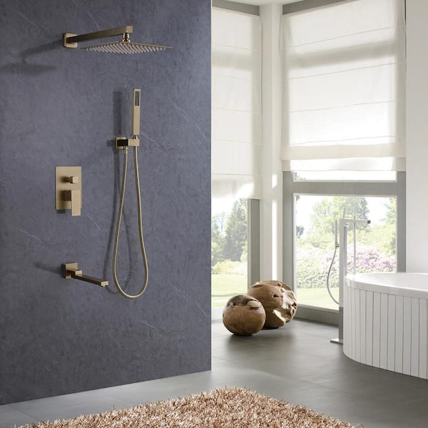 Single-Handle 3-Spray Square High Pressure Tub and Shower Faucet in Brushed Gold (Valve Included)