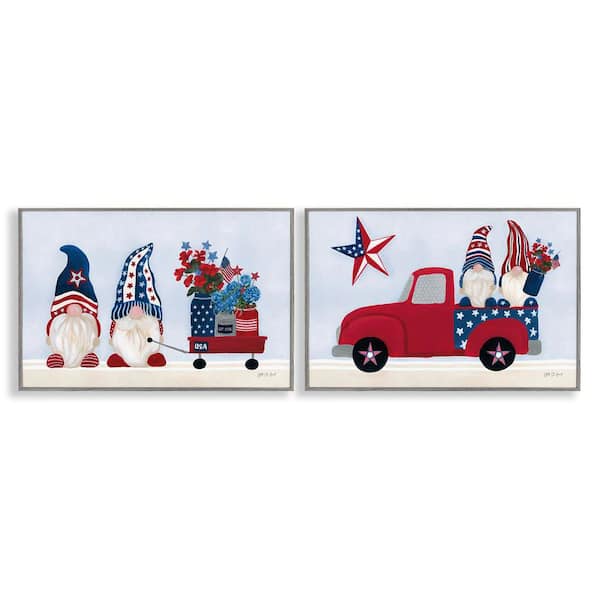Stupell Industries Americana Florals and Gnomes by Yvette St. Amant 2 Pieces Gray Framed Fantasy Giclee Art Print 20 in. x 30 in.