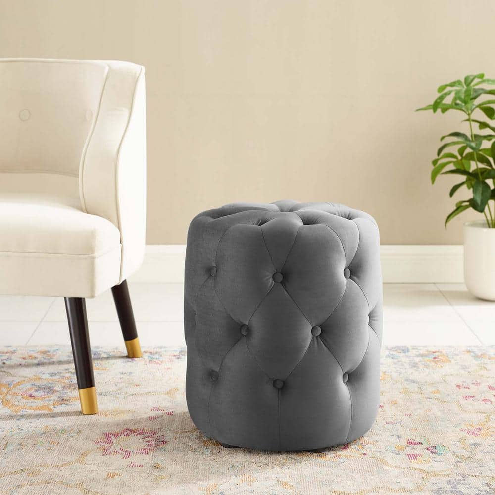 Amour 15.5'' Gray Performance Velvet Tufted Round Ottoman