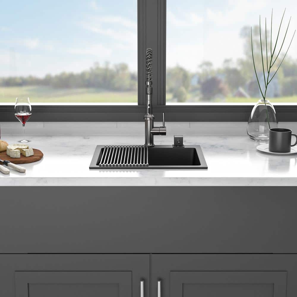 25" x 22" Black Quartz Drop-In Single Bowl Kitchen Sink with Accessories