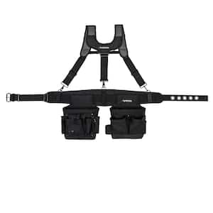 2-Bag 14-Pocket Electrician's Work Tool Belt Tool Storage Suspension Rig with Suspenders in Black