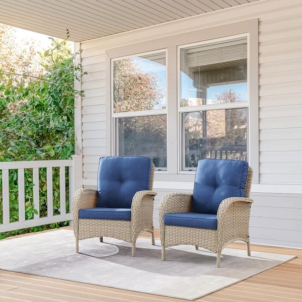 Carlos Grey Wicker Outdoor Lounge Chair with Blue Cushions