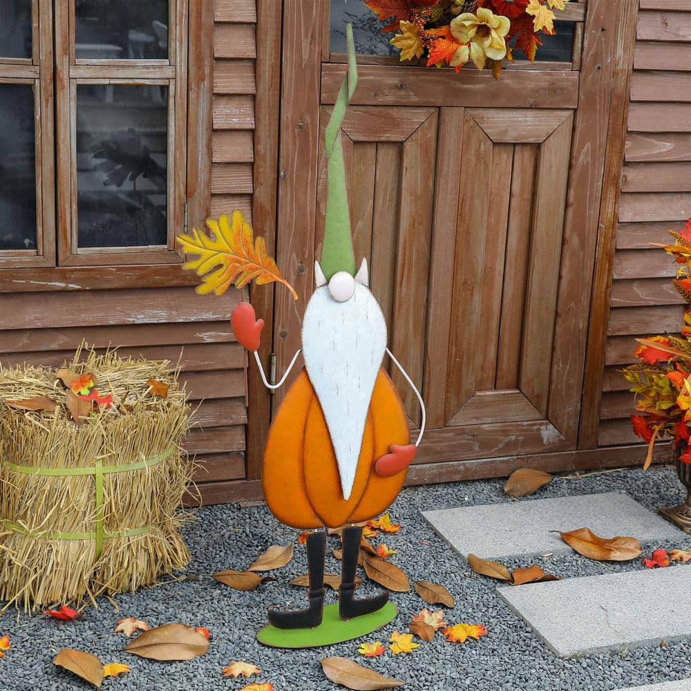 48" Tall Fall Metal Gnome with Pumpkin Body
