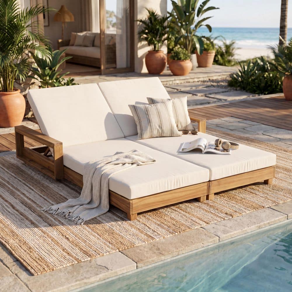 Caleb Natural Finish Wood Adjustable Patio Outdoor Double Chaise Lounge with 2-Fold Cream Cushions price history on PriceWatchPro