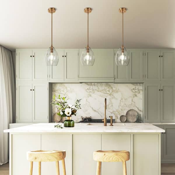 Modern Kitchen Island Dome Pendant Light 1-Light Plating Brass Pendant Light with Clear Glass Shade