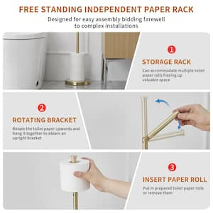 Round Free Standing Toilet Paper Holder Toilet Paper Roll Holder with Weighted Base Rustproof in Brushed Gold