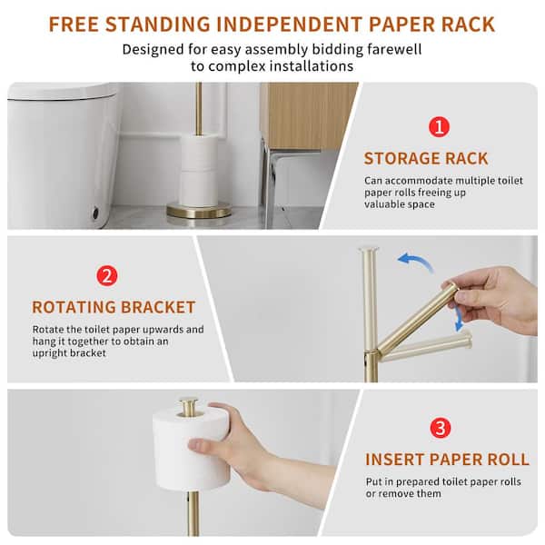 Round Free Standing Toilet Paper Holder Toilet Paper Roll Holder with Weighted Base Rustproof in Brushed Gold