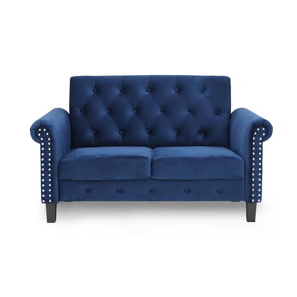 Furinno Bastia 47.6 in. Navy Button Tufted Velvet 2-Seater Loveseat with Nailheads