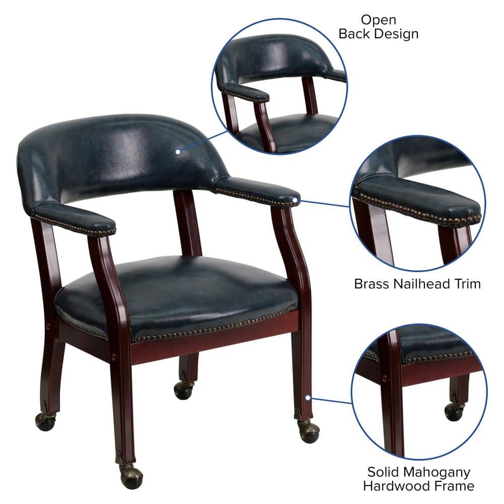 Navy Vinyl Captain's Conference Chair with Brass Casters and Mahogany Frame