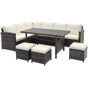 7-Piece Wicker Patio Conversation Set Rattan Sectional Sofa Coffee Table Porch with White Cushions