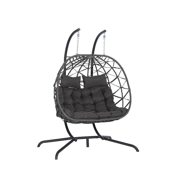 Sudzendf Modern Metal Large Dark Gray Ratten Double Seat Patio Swing Egg Chair with Gray Cushions