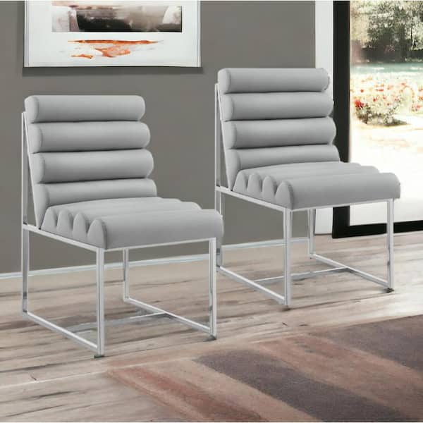 HomeRoots Tufted Gray And Silver Metallic Upholstered Faux Leather Side Chair (Set Of 2)