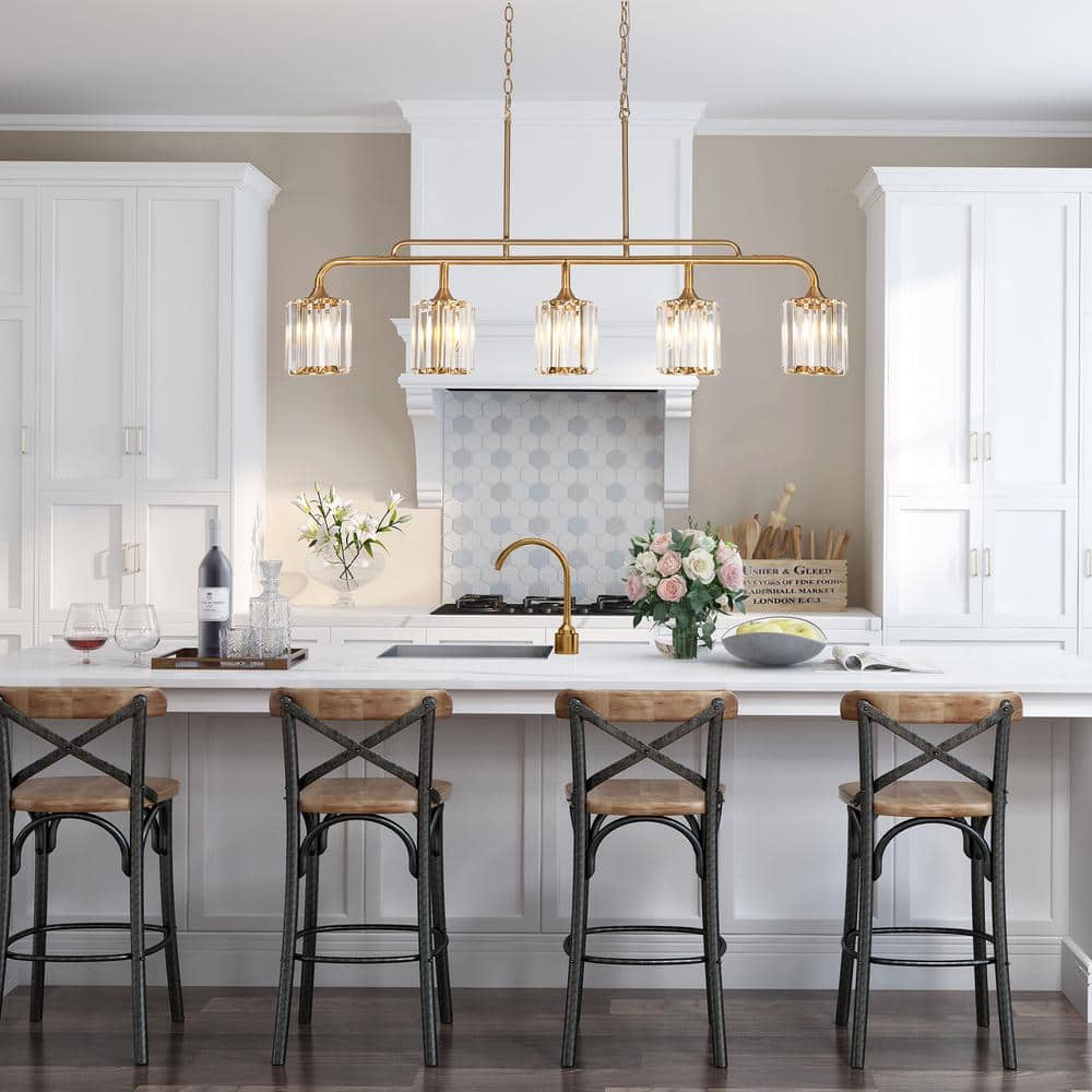 Oversized Brass and Crystal 47" Linear Island Chandelier
