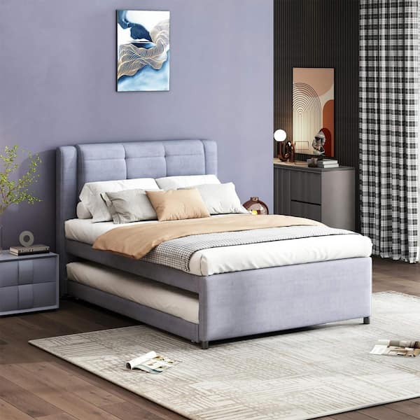 Gray Wood Frame Full Platform Bed with Trundle