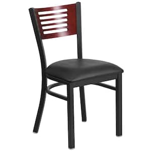 Hercules Series Black Decorative Slat Back Metal Restaurant Chair with Mahogany Wood Back, Black Vinyl Seat