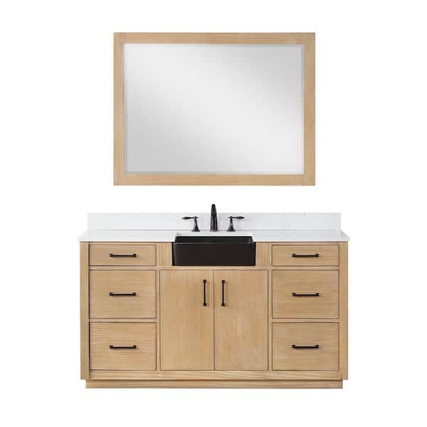 Altair Novago 60 in. W x 21 in. D x 34 in.H Single Sink Bath Vanity in Weathered Pine with White Composite Stone Top and Mirror