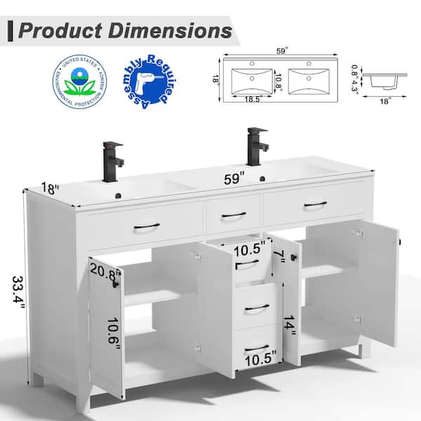 60 in. W x 18 in. D x 34 in. H Double Sink Freestanding Bath Vanity in White with White Resin SMC Top and Drain Faucet