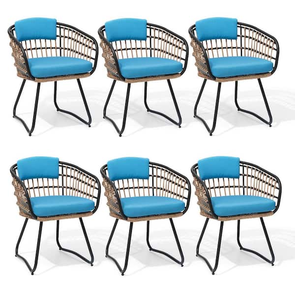 6-Piece Patio Metal PE Rattan Seating Set Outdoor Wicker Dining Chairs with Blue Cushions
