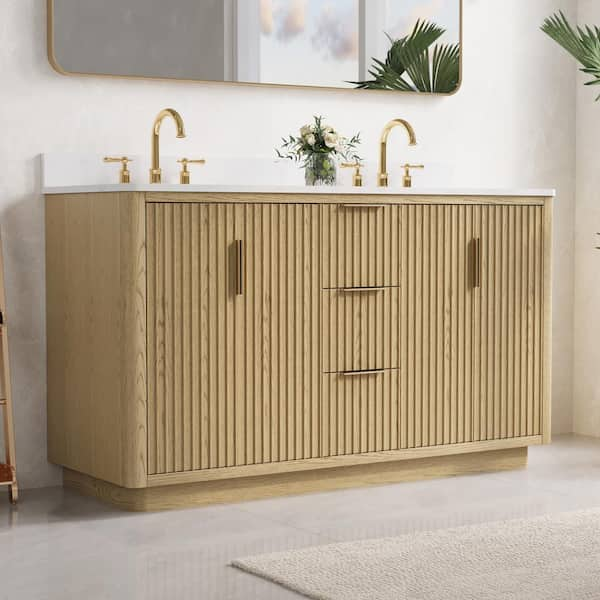 HAVEN 60 in. W x 22 in. D x 35 in. H Freestanding Solid Wood Bath Vanity in OAK with Quartz Top