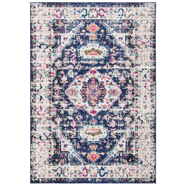 SAFAVIEH Madison Navy/Ivory 9 ft. x 12 ft. Geometric Border Floral Medallion Area Rug