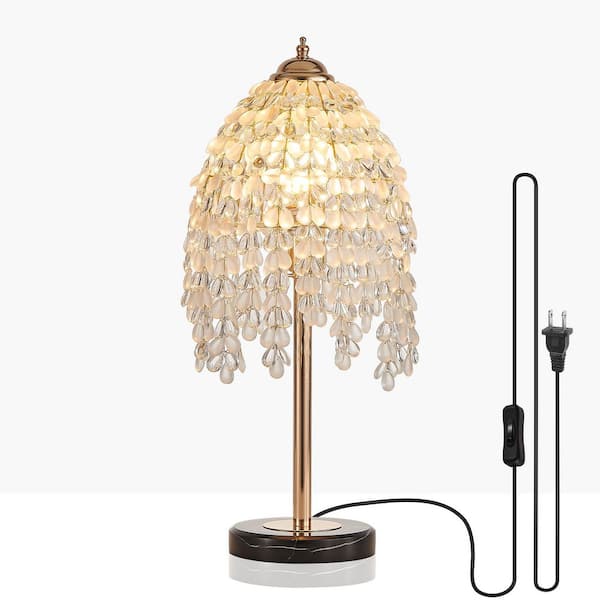 Lasaideal 19 in. 1-Light Gold Table Lamp with Crystal Grape-Shaped Bead String Shade and Marble Textured Base