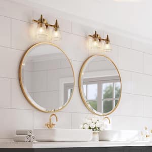 Modern 13 in. 2-Light Plated Brass Vanity Light with Clear Water Glass Shades