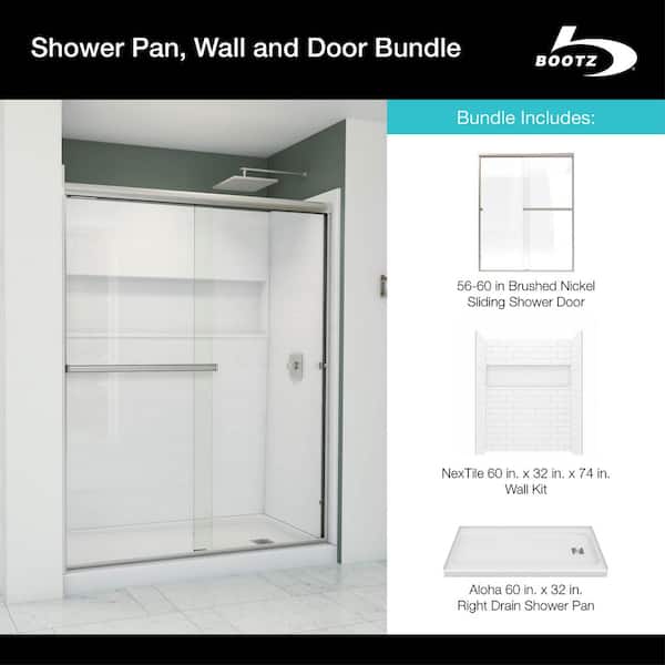 Aloha 60 in. x 32 in. Shower Pan, NexTile 60 in. x 32 in. x 74 in. Wall Kit & 56-60 in. Sliding Door Combo