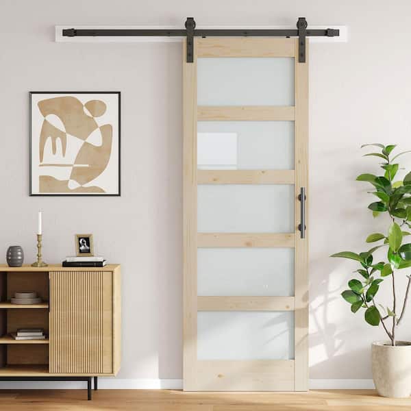 32 in. x 84 in. 5 Lite Frosted Glass Tan Unfinished Spruce Wood Assembly Required Sliding Barn Door with Hardware Kit