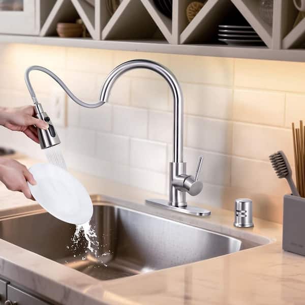 15.6 in. Single Handle Pull Down Sprayer Kitchen Faucet with Dishwasher Air Gap and 360° Swivel in Brushed Nickel