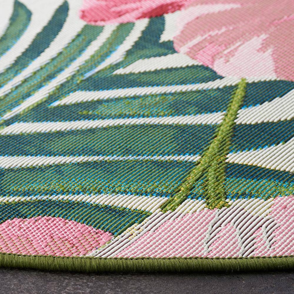 Tropical Floral Round Green and Pink Synthetic Area Rug