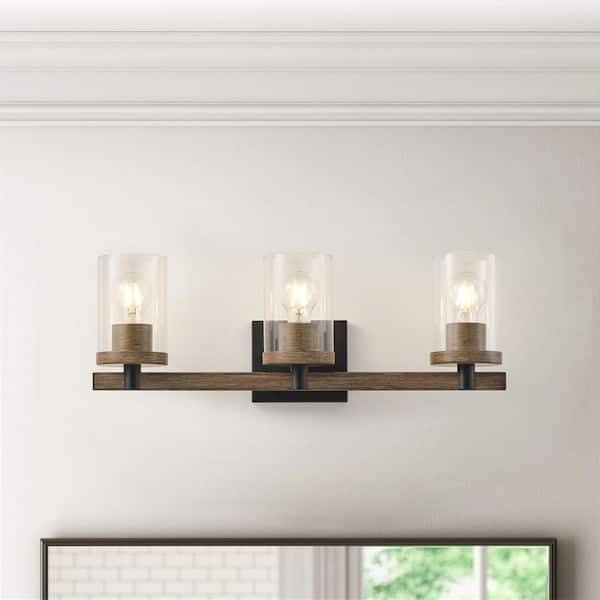 5.9 in. Farmhouse 3 Light Brown Bathroom Vanity Light Fixture Over Mirror with Clear Glass Shade