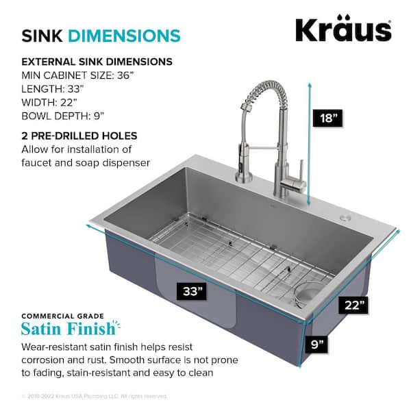 Loften All-in-One Dual Mount Drop-In Stainless Steel 33 in. 2-Hole Single Bowl Kitchen Sink with Pull Down Faucet