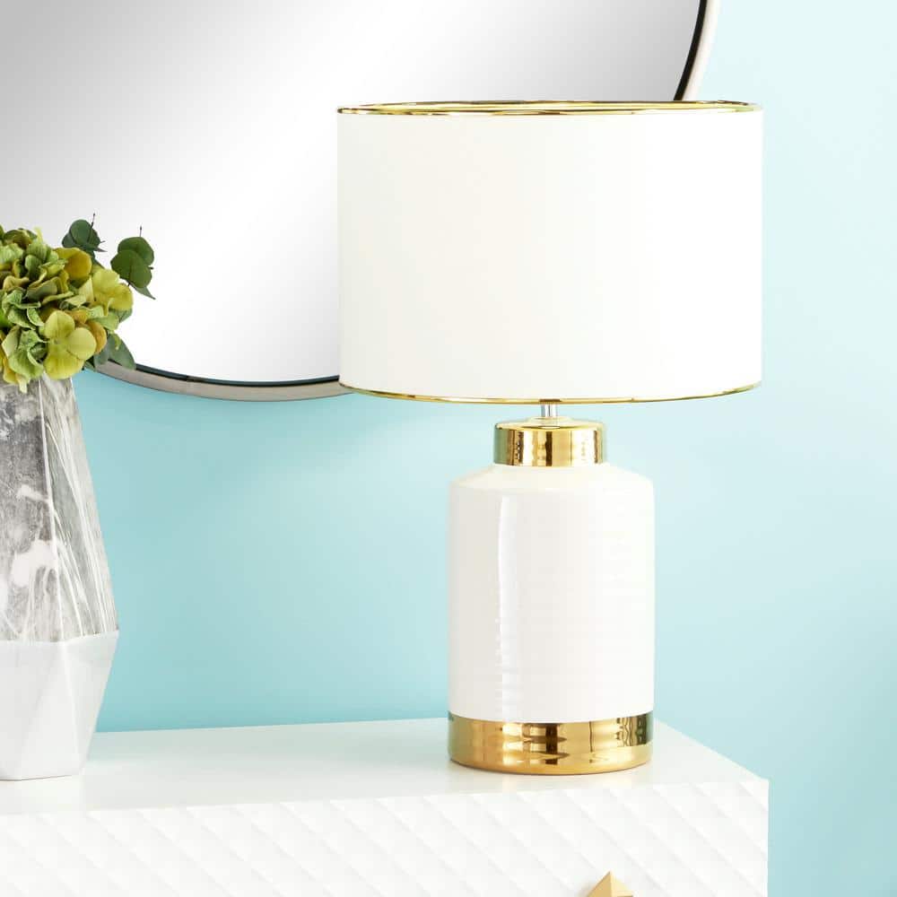Gold Trim White Ceramic Cylindrical Nightstand Lamp
