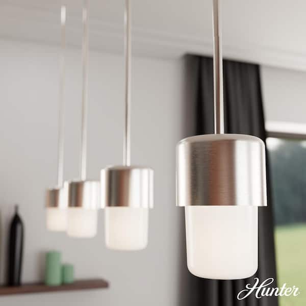 Hunter Station 1-Light Brushed Nickel Island Mini Pendant Light with Cased White Glass Shade
