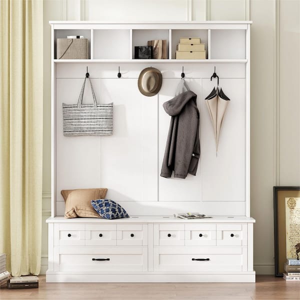 Retro White 74 in. H Hall Tree with 5 Hooks, Versatile Entryway Lift Top Storage Bench with 2 Drawers