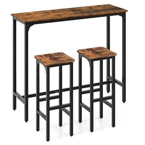 Gymax 3-pieces Bar Table and Chairs Set Industrial Dining Breakfast Table Set with Metal Frame