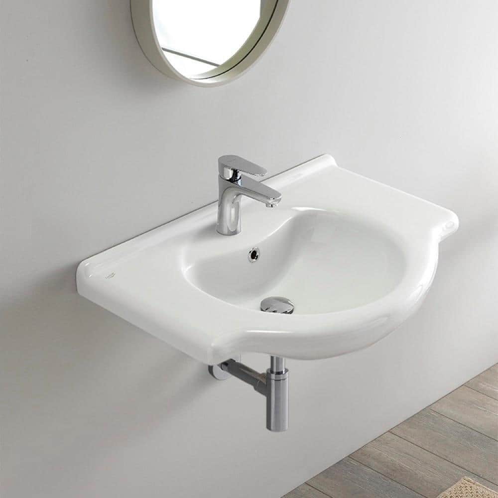White Ceramic Wall Mounted Bathroom Sink with Overflow Drain
