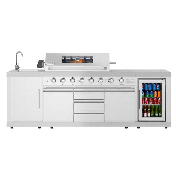 Reserve Outdoor Kitchen Island with 6 Burners, Sink, Storage Cabinet, and Refrigerator in Stainless Steel, 103x25x47.6