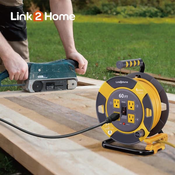 Link2Home 60 ft. 14/3 Extension Cord Storage Reel with 4 Grounded Outlets and Overload Circuit Breaker