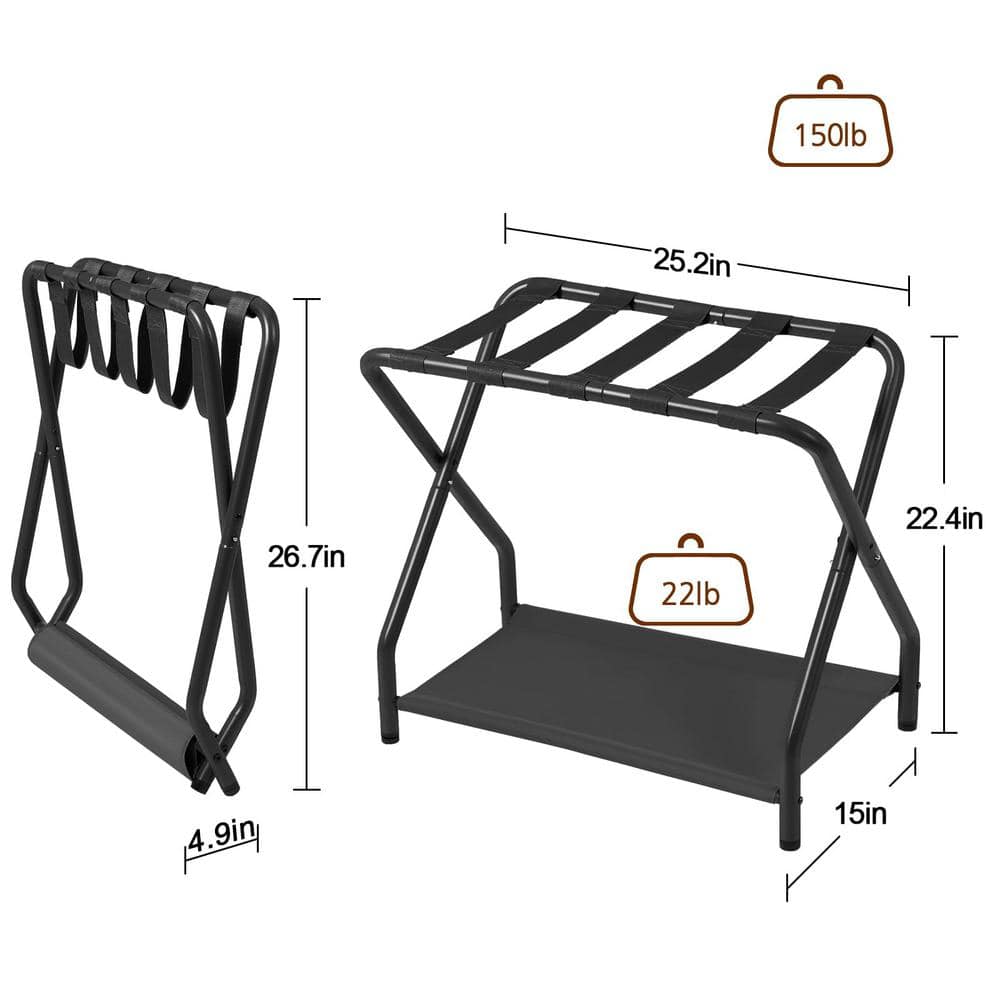 Black Foldable Metal Luggage Rack with Storage Shelf, Set of 2