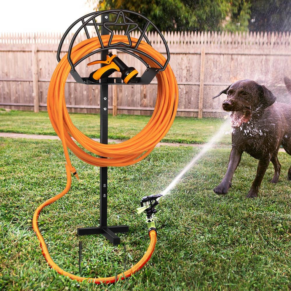 Black Powder-Coated Steel Freestanding Garden Hose Holder with Star Design
