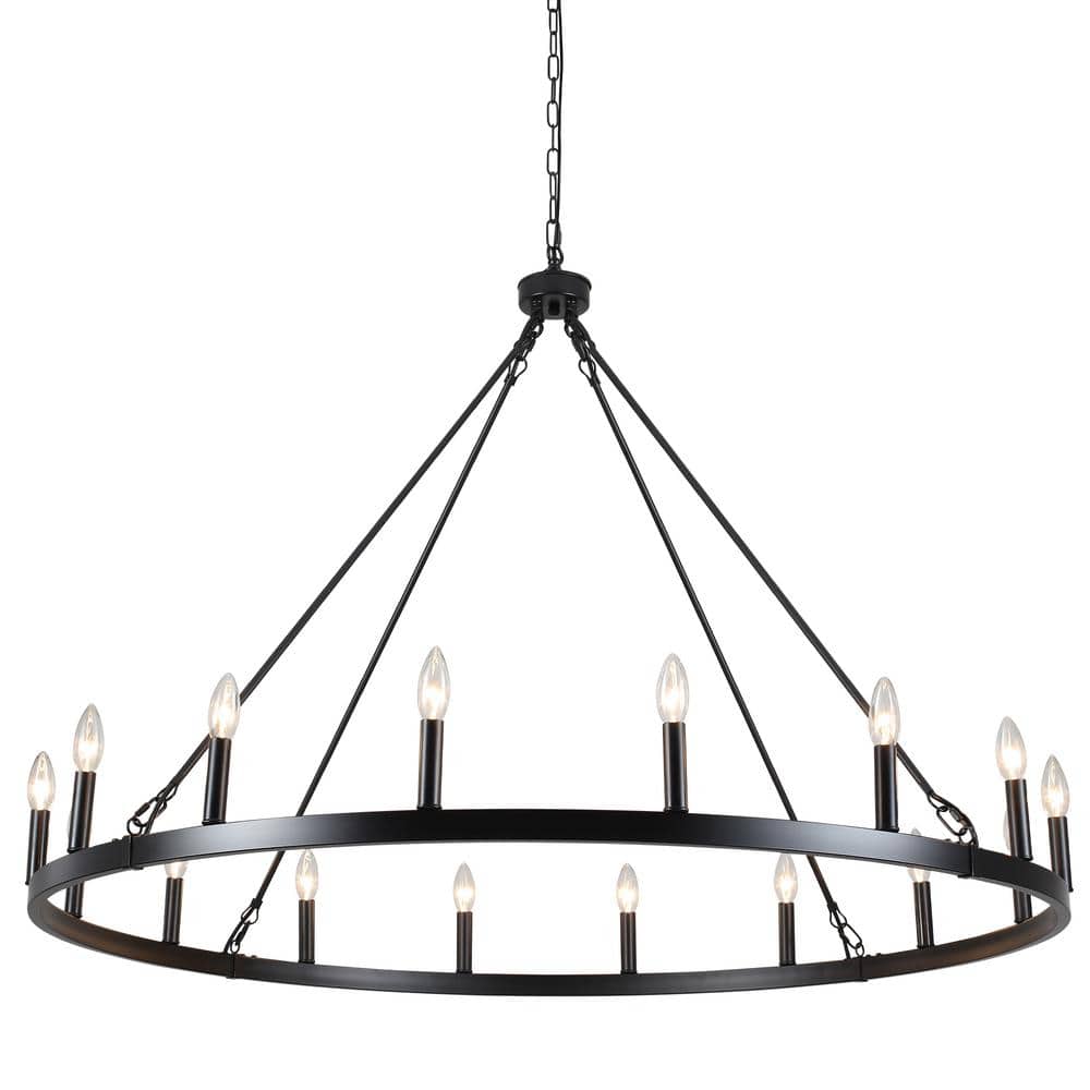 Matte Black 47-Inch Metal Candle Wagon Wheel Chandelier