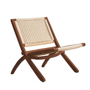 22.8 in. Wide Beige Mid-Century Folding Almond-Cross Solid Wood Accent Chair with Brown Legs