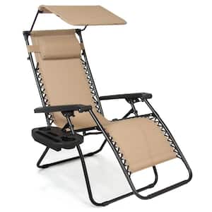 Zero Gravity Folding Reclining Beige Fabric Outdoor Lawn Chair w/Canopy Shade, Headrest Tray