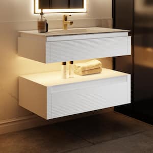 MarbleLux 36 in. W x 20.8 in. D x 29.6 in. H Floating Bathroom Vanity with 1 Sink in Birch Wood with White Marble Top