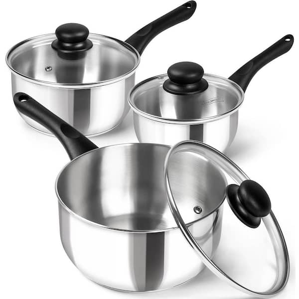 6-Pieces Stainless Steel Saucepan Set with Lid, Triply Base, Bakelite Handle, Induction Compatible, Oven Safe