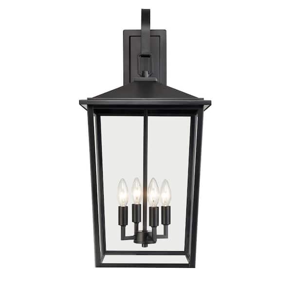 Fetterton 27.8 in. 4-Light Powder Coated Black Outdoor Hardwired Lantern Wall Sconce with Clear Glass