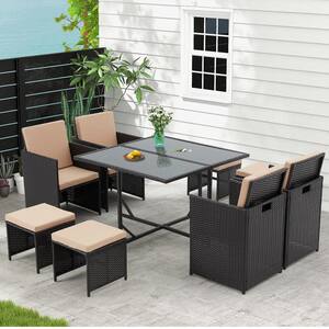 9-Piece Rattan Wicker Patio Outdoor Dining Table Set with Beige Cushions Seating for Porch Lawn Garden Backyard