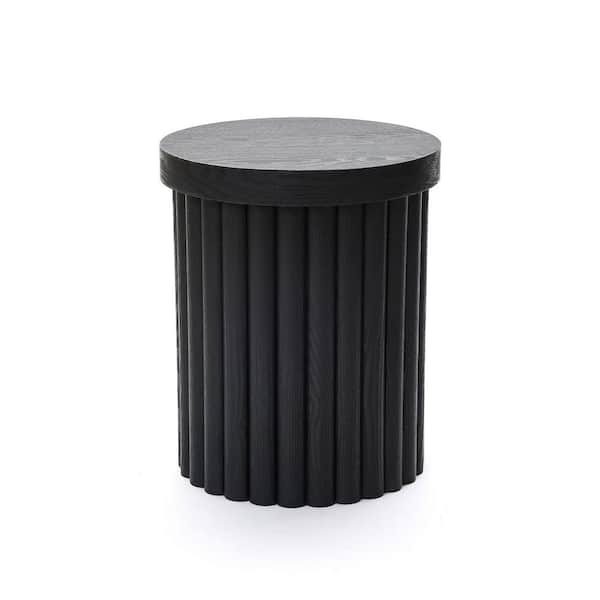 Modern 15.75 in Black Fluted Round Wood Side Table, Small Accent End Table for Living Room